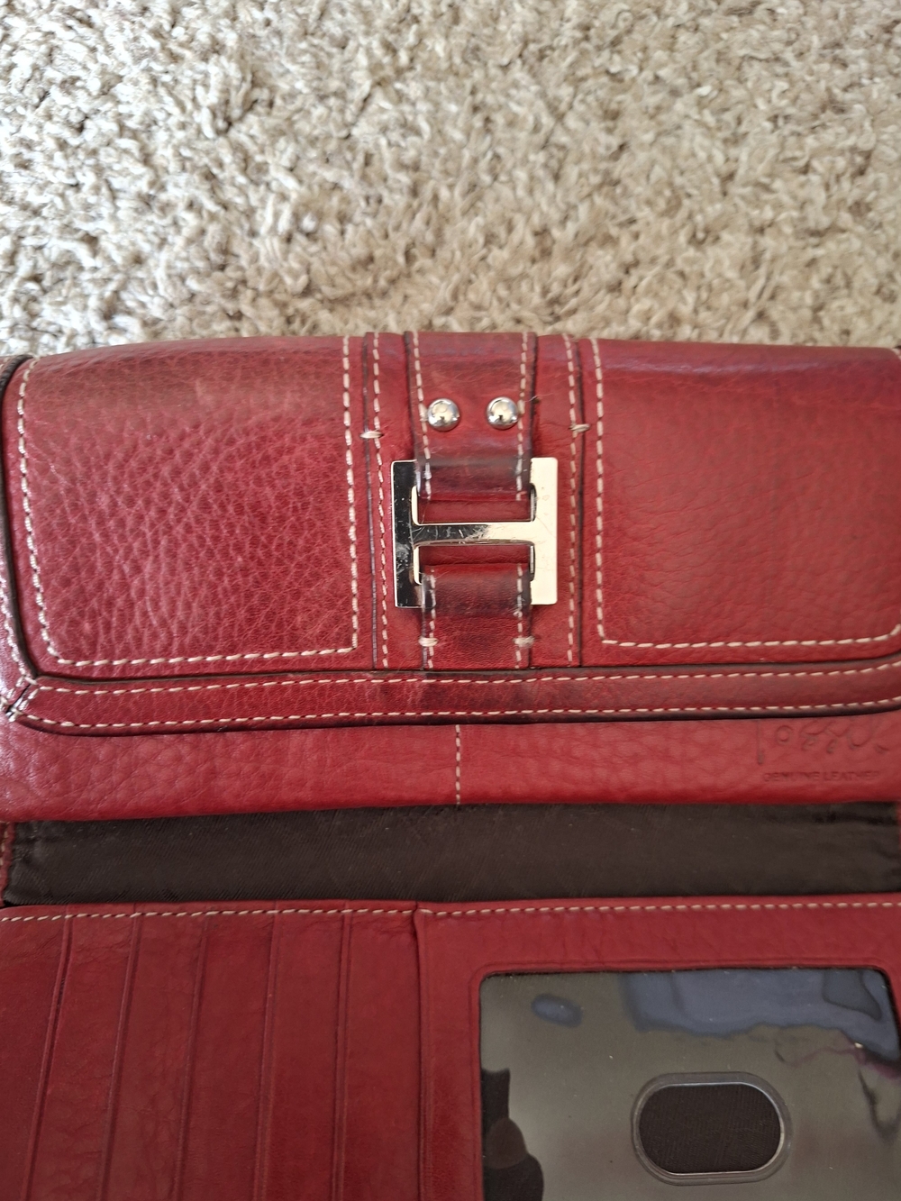 Fossil Genuine Leather Red Trifold Wallet Women’s Snap Closure Organizer